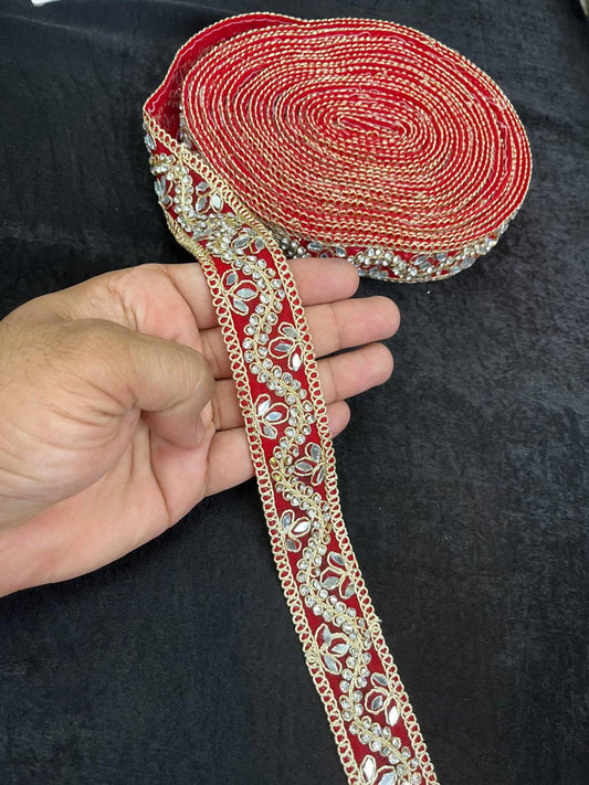 Designer Mirror Work Lace Trim with Rhinestones – Elegant Border for Sarees, Dupattas & Lehengas (9 Meter, 1 Inch Width) | Red