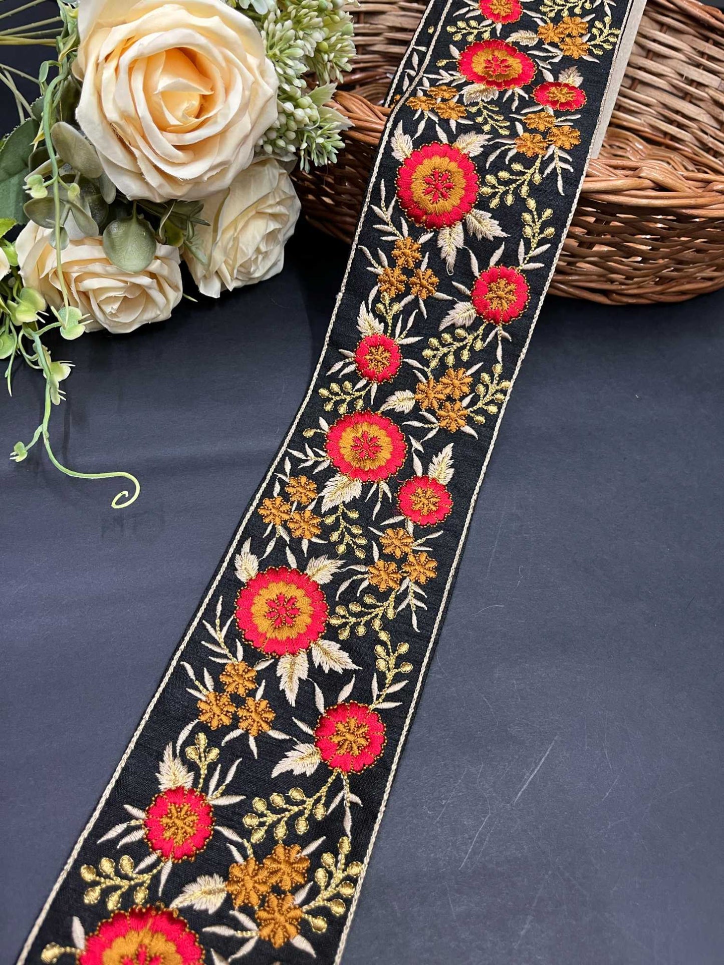 Floral Embroidered Trim | Sari Border Embellishment | Decorative Indian Embroidered Trim – 9 Meters, 3-Inch Width | Red