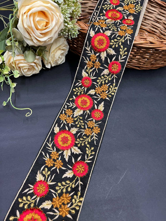 Floral Embroidered Trim | Sari Border Embellishment | Decorative Indian Embroidered Trim – 9 Meters, 3-Inch Width | Red