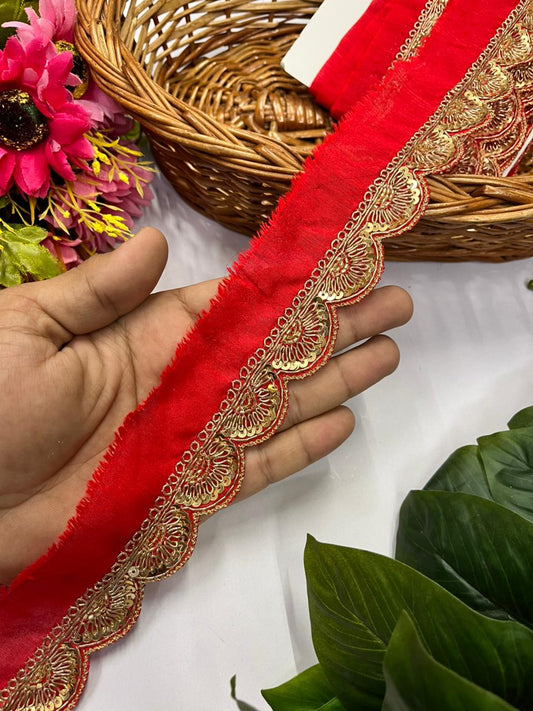 Handmade Scalloped Zardozi Maggam Work Saree Lace Borders – Premium Designer Maggam Lace | Red