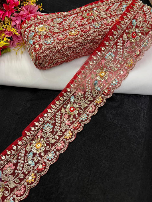 Multicoloured Flower Design Maggam Work Saree Lace – Designer Embroidered Border for Sarees, Blouses & Lehengas (3.5 Inch) | Red