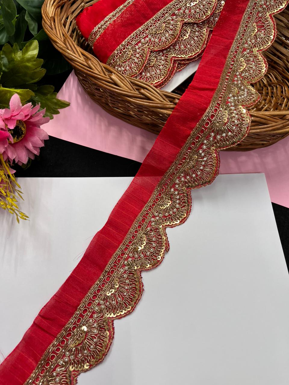 Handmade Scalloped Zardozi Maggam Work Saree Lace Borders – Premium Designer Maggam Lace | Red