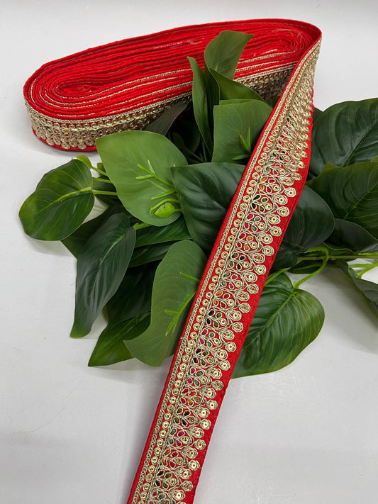 Sewing Embroidery Lace Border | Decorative Craft Ribbon | Embellished Trim – 9 Meters, 1.5-Inch Width | Red