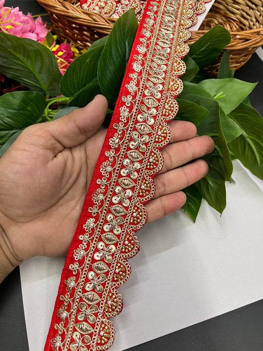 Exclusive Maggam Work Embellished Saree Lace – Designer Handcrafted Border for Sarees, Dupattas & Lehengas (9 Meter, 1.5 Inch Width) | Red