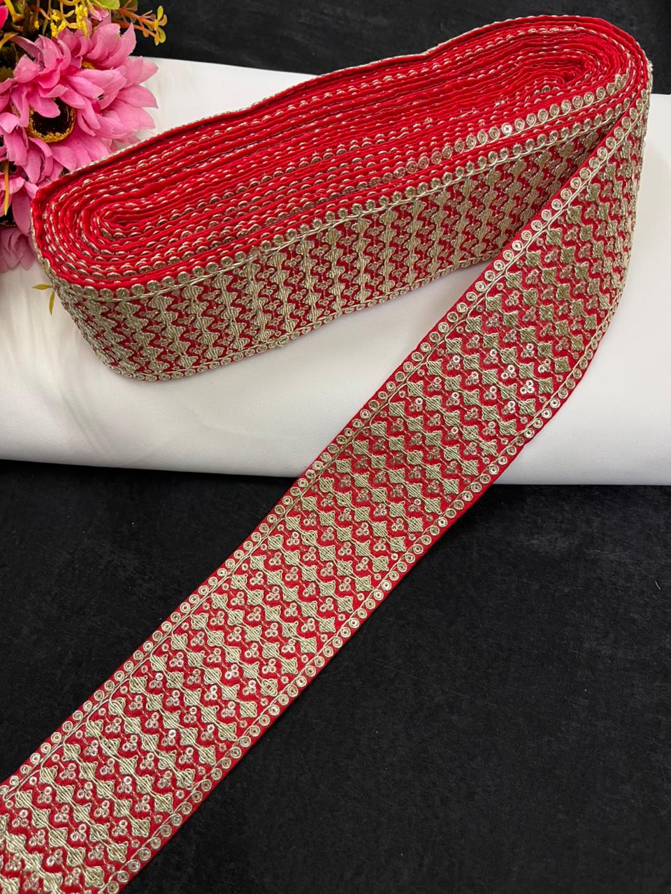 Beautiful Zari Embroidered Saree Border Lace for Sarees, Blouses & Lehengas – Designer Ethnic Embroidery Lace (2.5 Inch) | Red