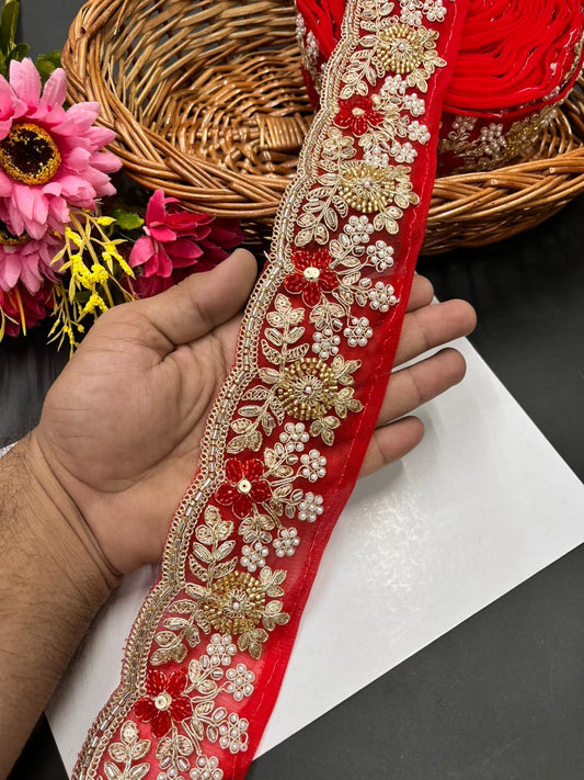 Luxurious Beaded Cutdana Bridal Dupatta Lace | Maggam Saree Laces – Designer Embellished Border (9 Meter, 2.5 Inch Width) | Red