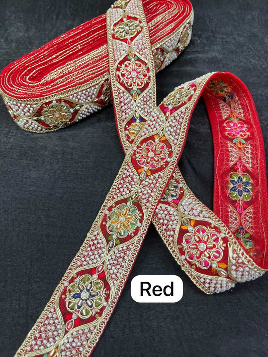 Multicoloured Bead Work Designer Lace on Net Fabric for Sarees & Lehengas (9 Meter) | Red