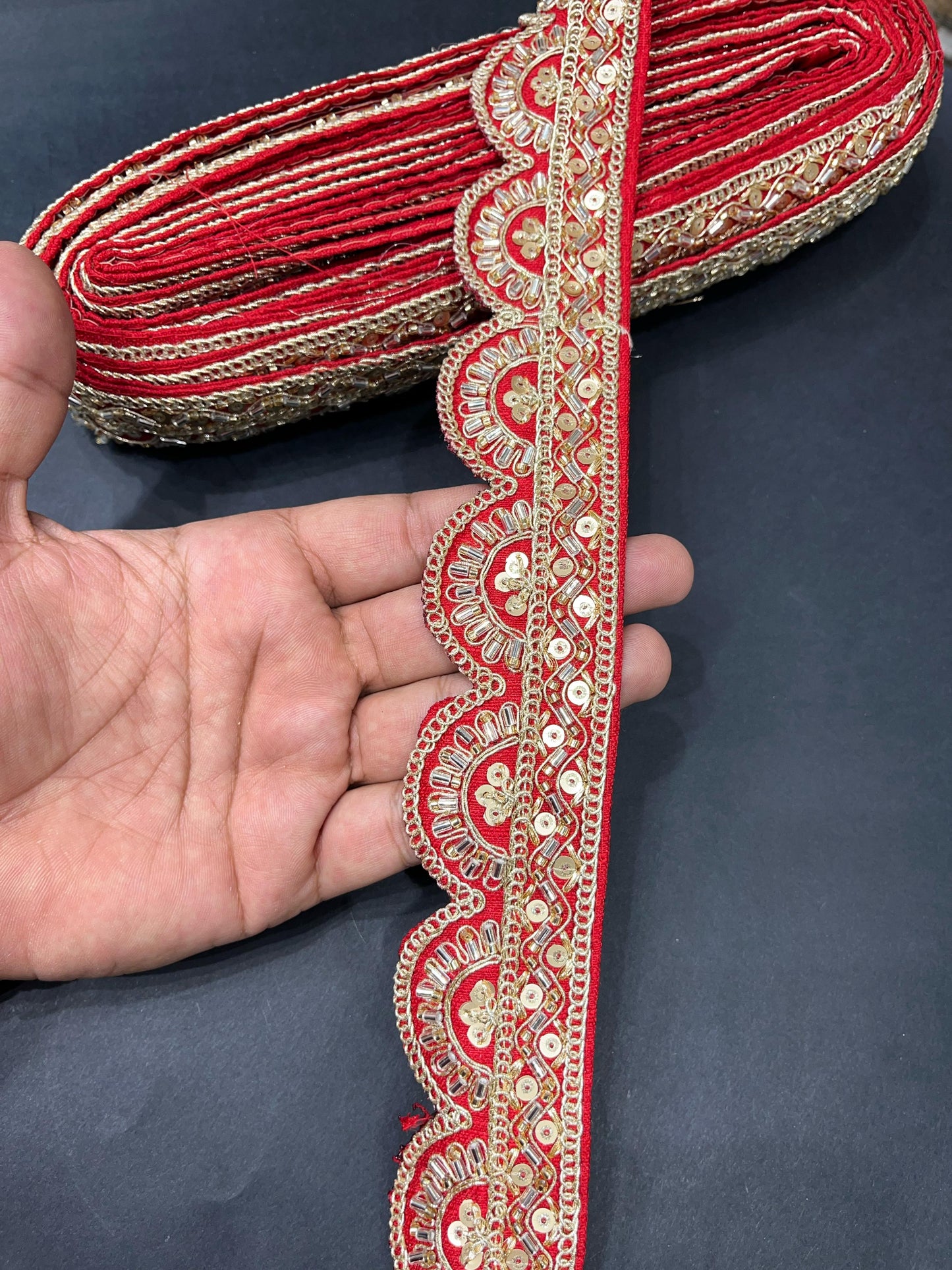 Cutdana Sequin Handmade Embroidered Lace – 9 Meters, 2-Inch Width | Maggam Work Lace | Red