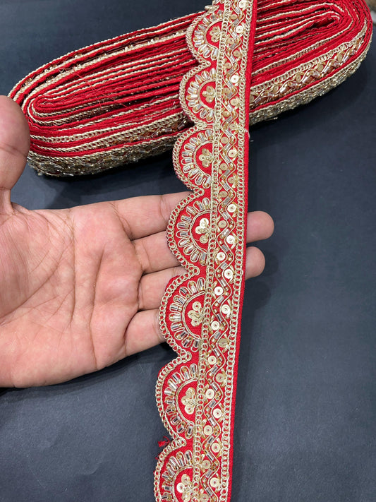 Cutdana Sequin Handmade Embroidered Lace – 9 Meters, 2-Inch Width | Maggam Work Lace | Red