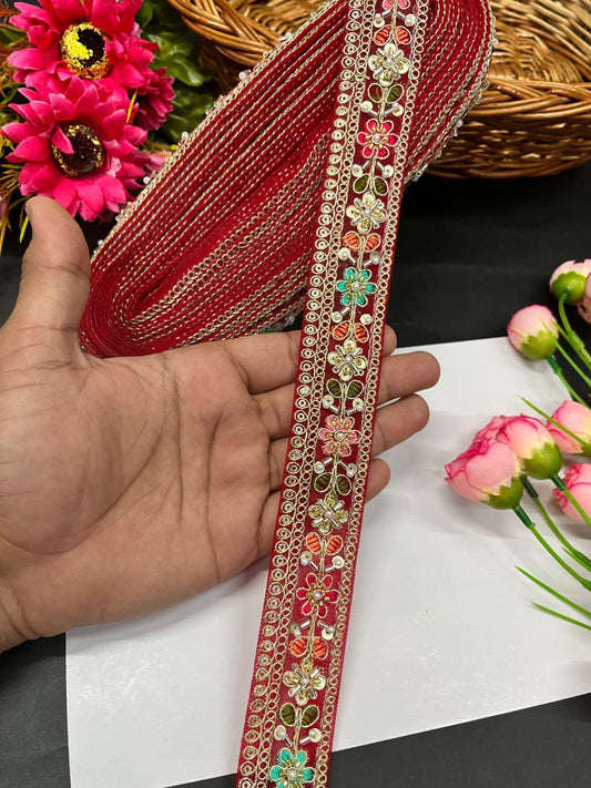 Beautiful Multicoloured Cutdana Beaded Saree Lace & Dupatta Lace – Premium Maggam Work Border Trim (9 Meter, 1.5 Inch Width) | Red