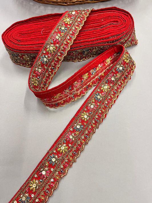 Zari Embroidered Sabyasachi Inspired Lace Border – Premium 2 Inch Designer Decorative Border for Sarees & Bridal Ethnic Wear (9 Meter) | Red