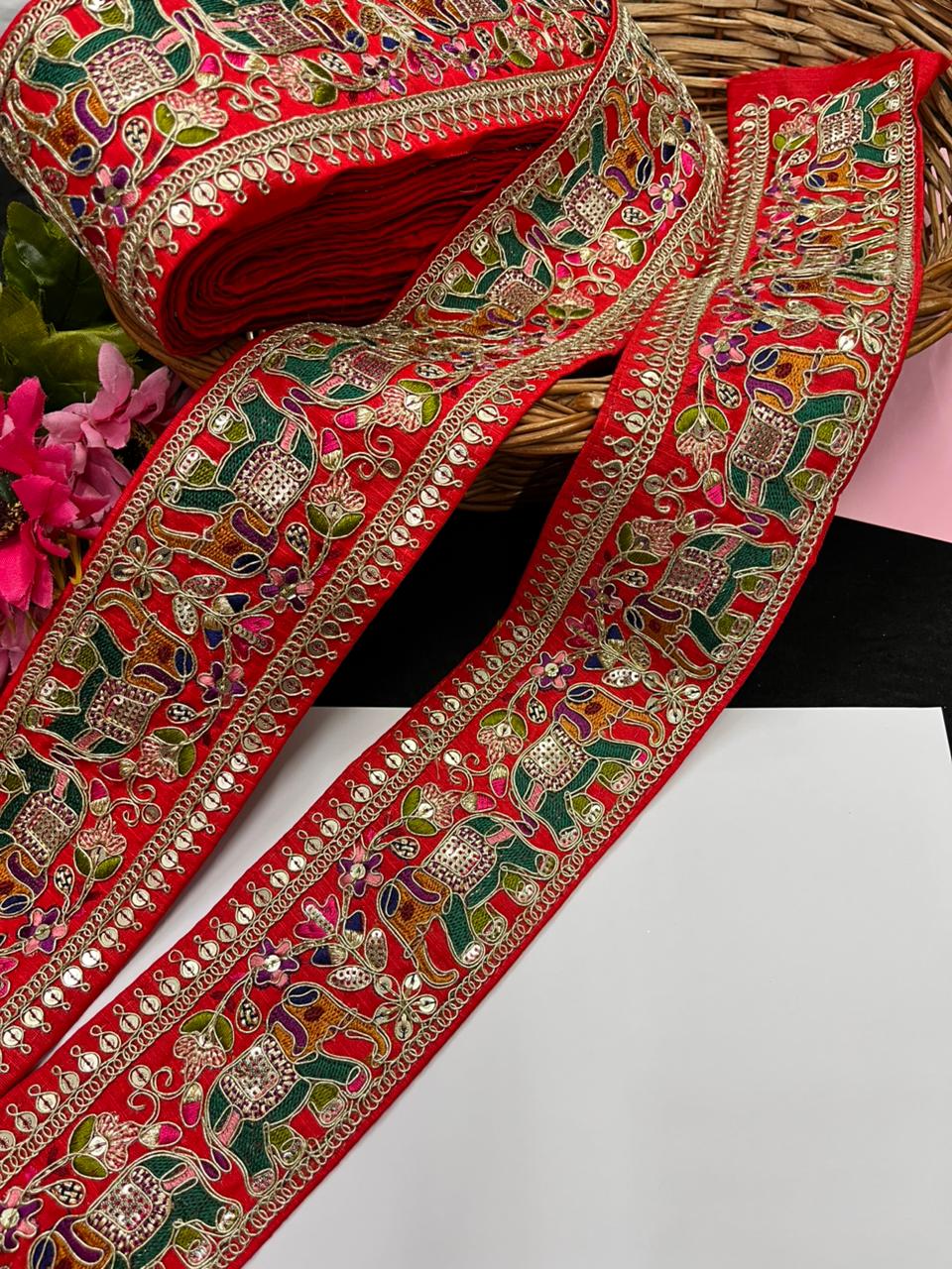 Beautiful Elephant Design Embroidered Zari Saree Lace – Premium Designer Embroidered Lace | Red