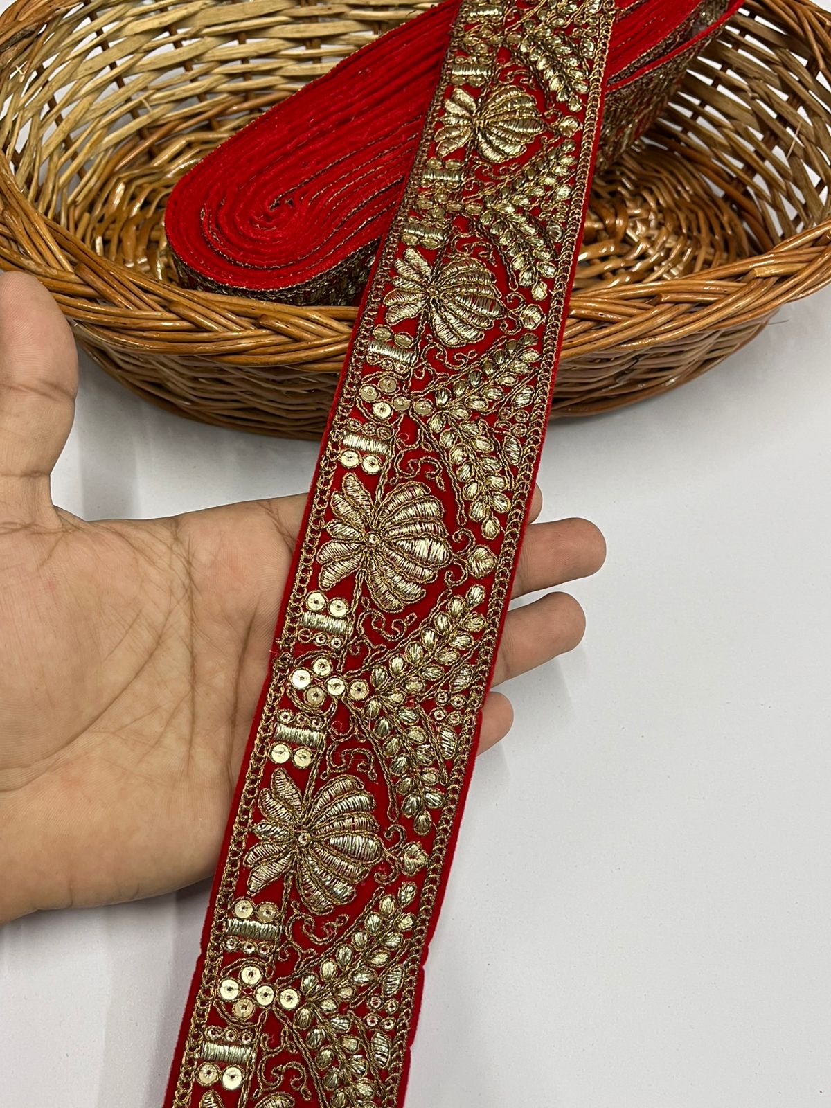 Velvet Lace Design with Zari Work Lace Reel for Dupatta, Kurtis, Suits, Bags, and Lehengas (9 Mtr) | Red