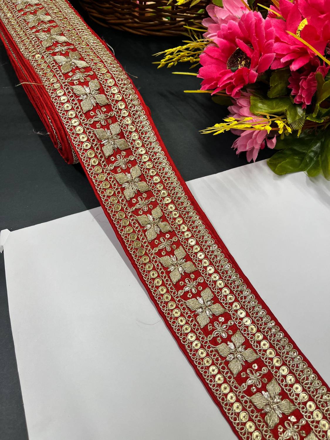 Zari Embroidered Saree Lace Border Trim for Dupatta & Dresses – Fancy Embellished Lace (9 Meter) | Red