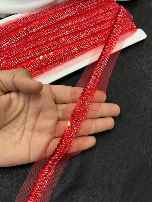 Beautiful Handcrafted Lace Trim for Sarees, Kurtis & Dresses – Decorative Handmade Embroidery Lace Border | Red