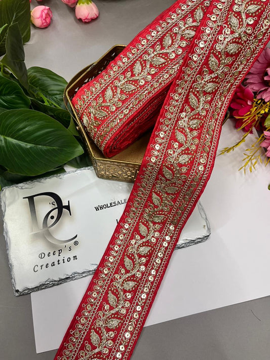 Silk Based Embroidered Saree Lace & Borders – Premium 2 Inch Decorative Lace for Ethnic & Festive Wear (9 Meter) | Red