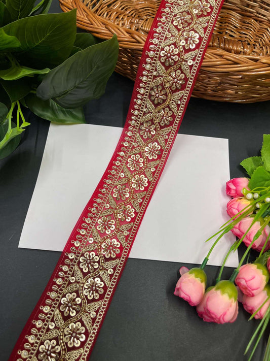 Katdana and Beaded Saree Lace – 9 Meters, 2.5-Inch Maggam Work Embroidered Border for Lehengas & Dupattas | Red