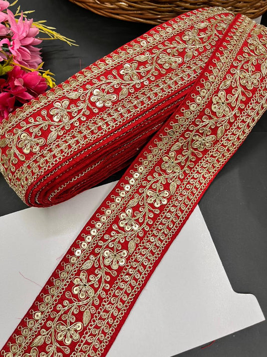 Embroidered Zari Lace Border for Saree, Lehenga & Craft Projects – Heavy 3 Inch Designer Embroidery Lace for Ethnic Wear (9 Meter) | Red