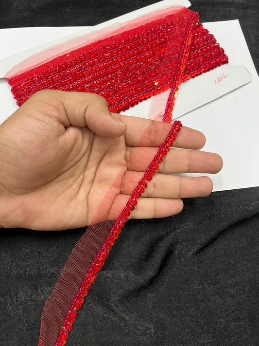 Handmade Sequins Lace Trim for Sarees, Blouses & Dresses – Narrow Handwork Embroidered Lace Border (1 cm) | Red