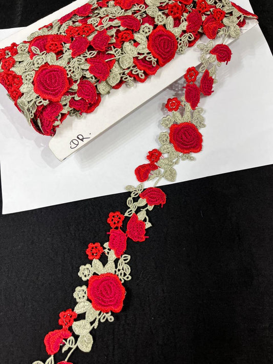 Beautiful Flower Western Lace Trim for Dresses, Sarees & Kurtis – Designer Imported Floral Lace Border (1.5 Inch) | Red