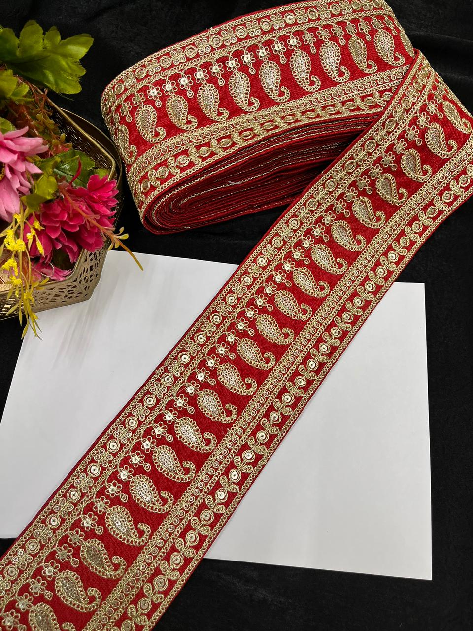 Sabyasachi Inspired Embroidered Lace Border for Sarees, Lehengas & Dupattas – Designer Wide Ethnic Lace Trim (4 Inch) | Red