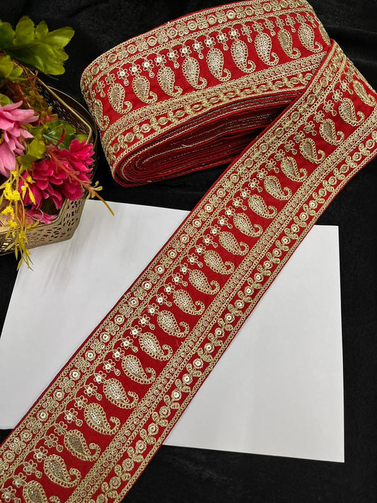 Sabyasachi Inspired Embroidered Lace Border for Sarees, Lehengas & Dupattas – Designer Wide Ethnic Lace Trim (4 Inch) | Red