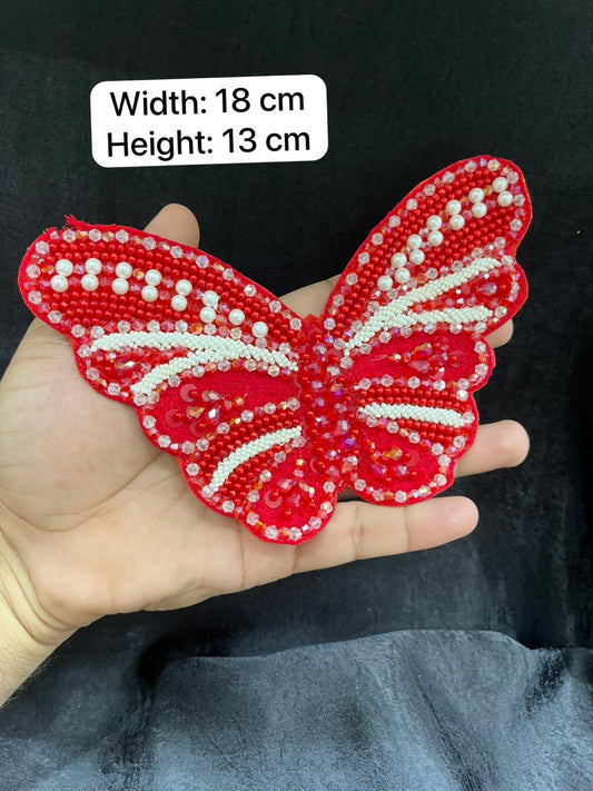 Handcrafted Crystal Butterfly Decorative Patch – Premium Designer Embellished Applique for Dresses & Ethnic Wear | Red