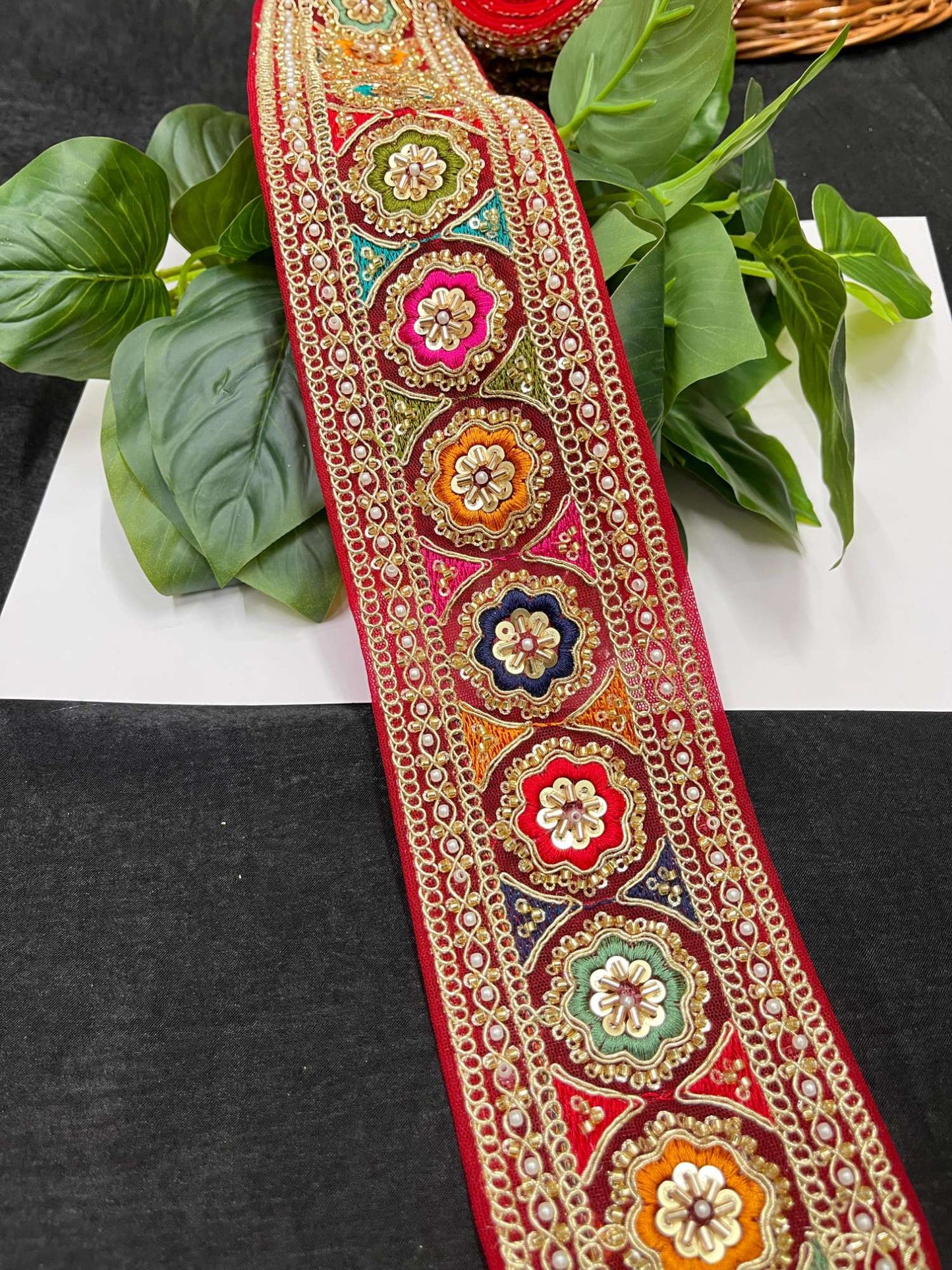 Multicolored Sabyasachi Inspired Saree Laces – 9 Meters, 3-Inch Designer Embroidered Border for Sarees, Lehengas & Dupattas | Red