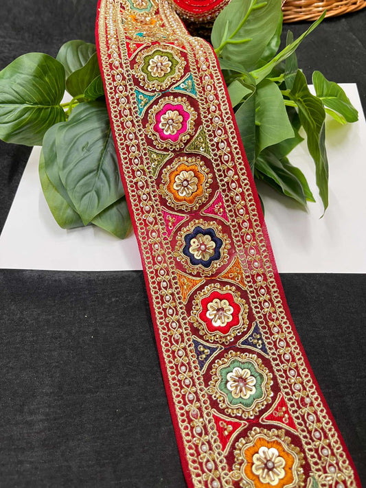 Multicolored Sabyasachi Inspired Saree Laces – 9 Meters, 3-Inch Designer Embroidered Border for Sarees, Lehengas & Dupattas | Red