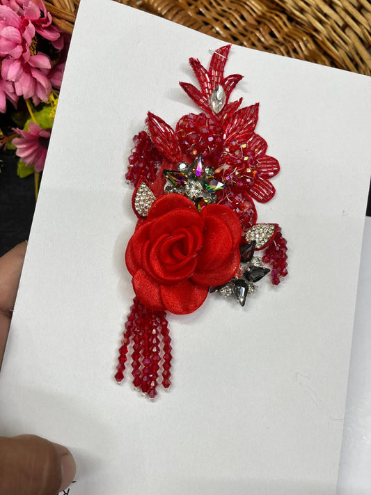 Rhinestone Imported Patch – Western Flower Designer Patch for Sarees, Blouses & Ethnic Outfits (17 cm x 8 cm) | Red
