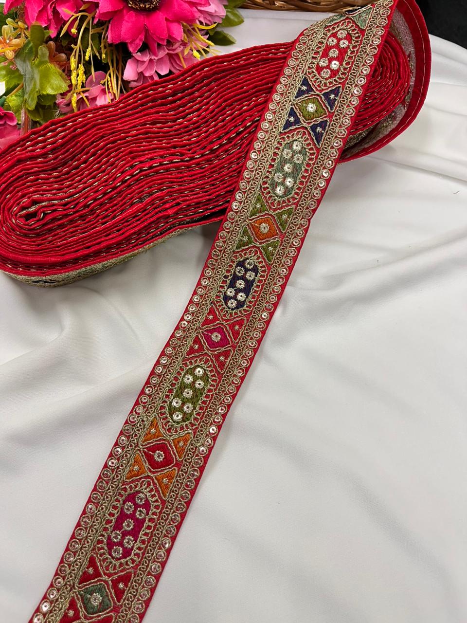 Sabyasachi Style Embroidered Designer Saree Lace Border – Luxury Ethnic Embroidery Lace for Sarees, Blouses & Lehengas | Red