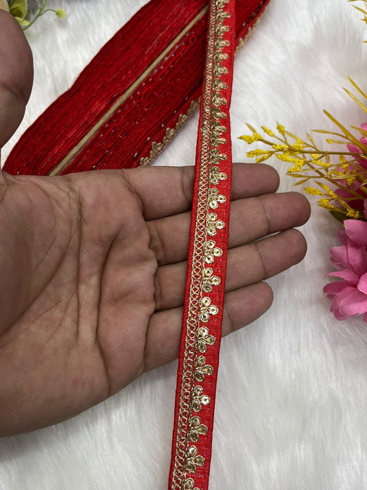 Embroidered Designer Lace, Indian Wedding Trims, Saree Border, Lace Reel 9 Meter (0.5 Inch Width) | Red