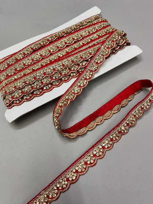 Stonework Embroidery Scalloped Saree Lace – Designer Maggam Work Border for Sarees, Dupattas & Lehengas (9 Meter, 0.5 Inch Width) | Red
