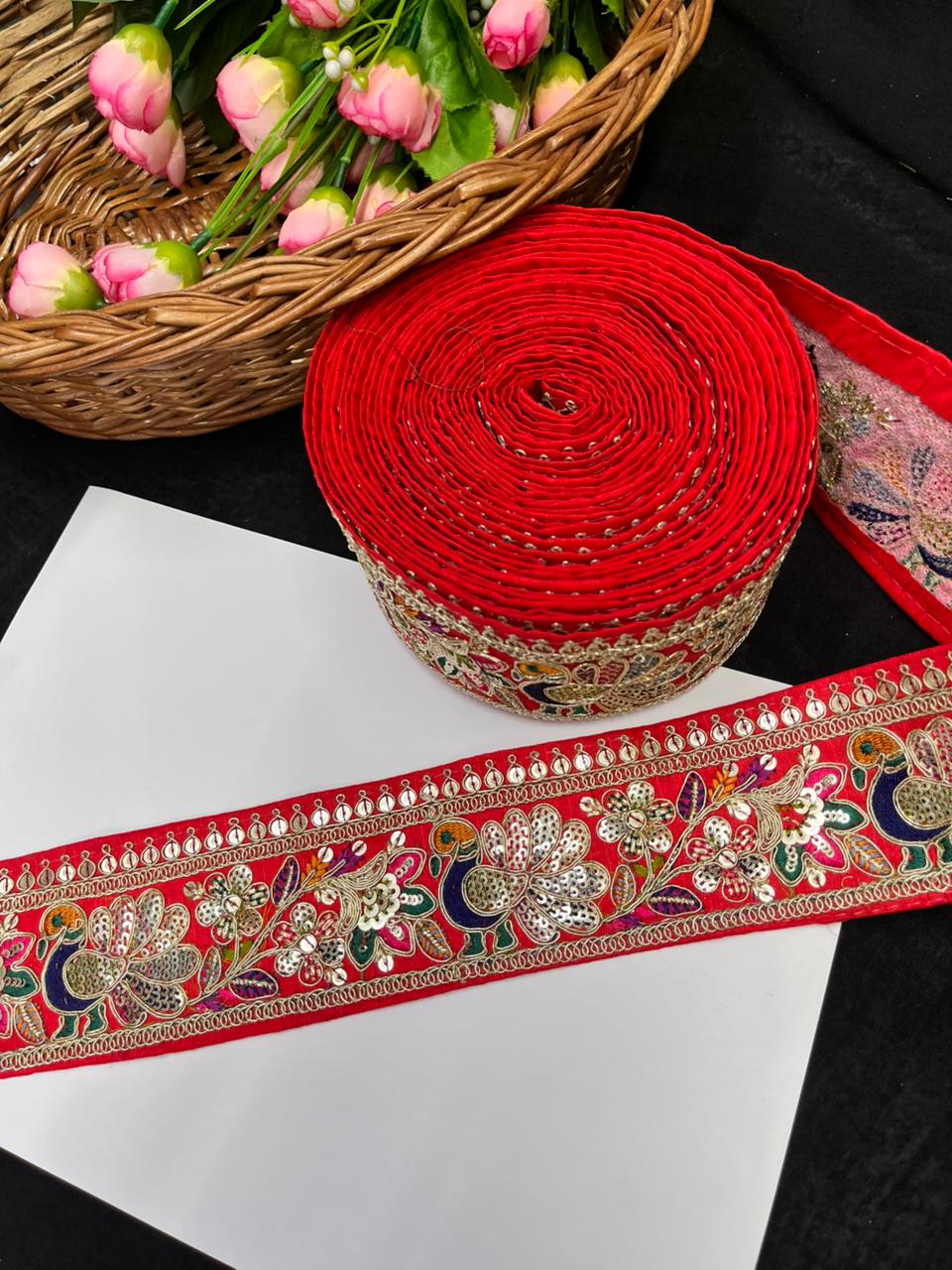Peacock Design Sequins Work Embroidered Lace Designs – Premium Designer Embroidered Lace | Red