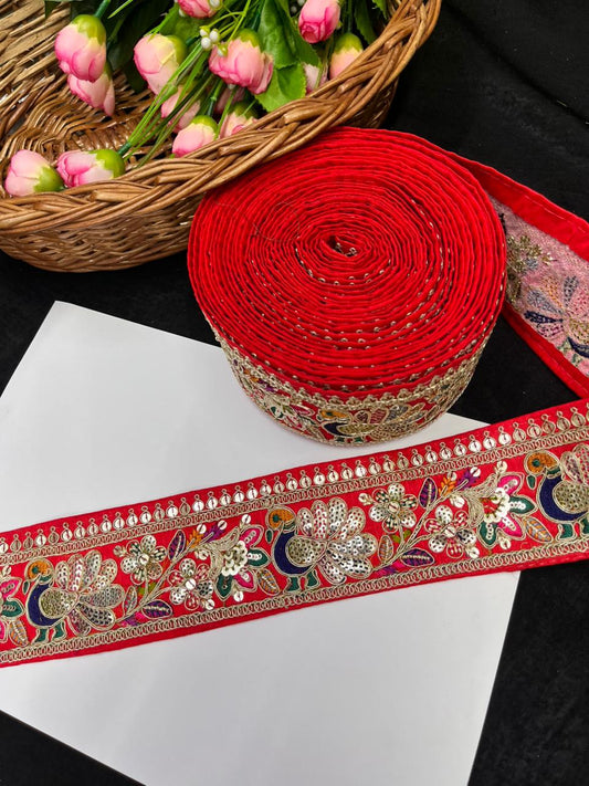 Peacock Design Sequins Work Embroidered Lace Designs – Premium Designer Embroidered Lace | Red