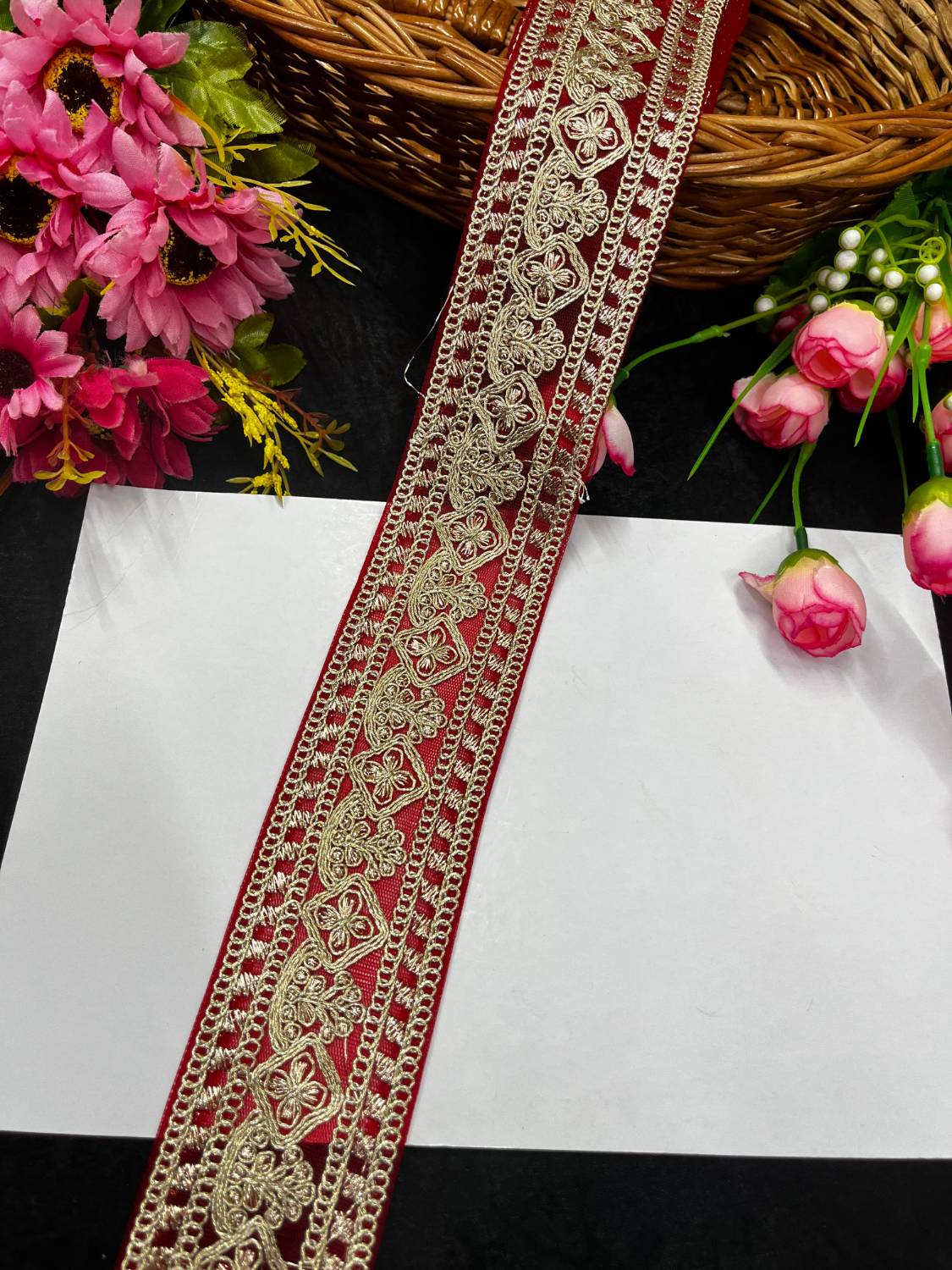 Embroidered Laces for Sarees & Dupattas – Elegant Net Border Trim for Ethnic & Festive Wear (9 Meter, 2 Inch Width) | Red