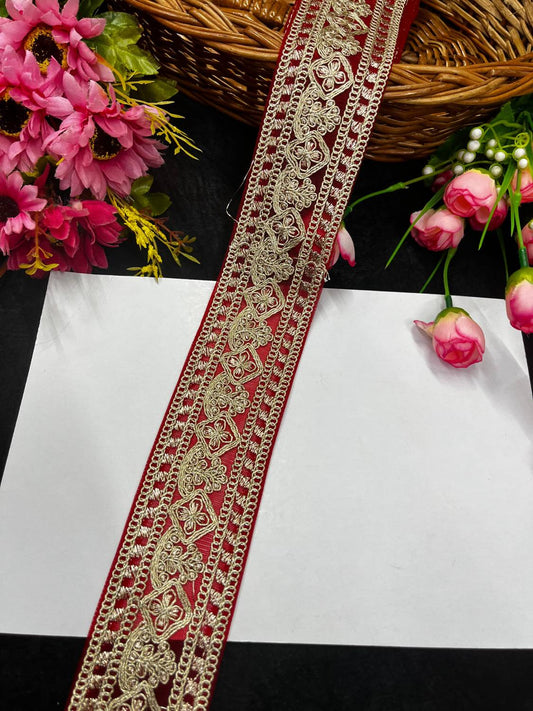 Embroidered Laces for Sarees & Dupattas – Elegant Net Border Trim for Ethnic & Festive Wear (9 Meter, 2 Inch Width) | Red