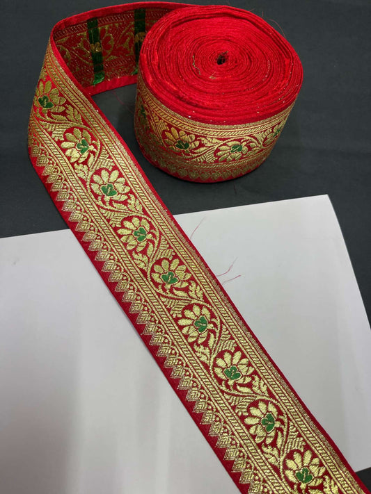 Banarasi Handloom Vintage Pure Silk Border – 9 Meters, 2-Inch Traditional Zari Embroidered Trim for Sarees & Lehengas | Red