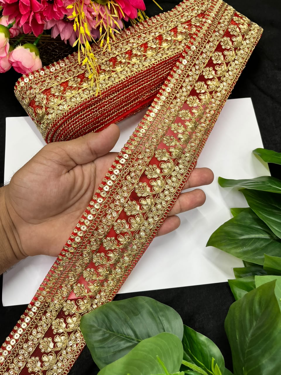 Golden Zari Embroidered Lace for Sarees, Lehengas & Dupattas – Premium Designer Embroidered Lace Border for Boutique Owners & Fashion Designers (3 Inch) | Red