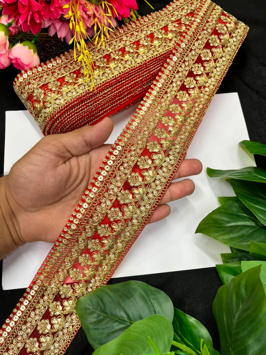 Golden Zari Embroidered Lace for Sarees, Lehengas & Dupattas – Premium Designer Embroidered Lace Border for Boutique Owners & Fashion Designers (3 Inch) | Red