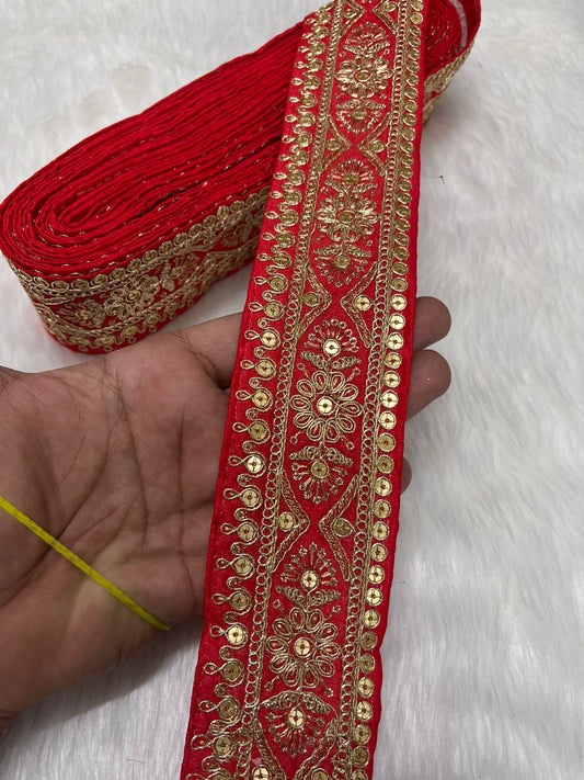 Embroidered Zari Lace – Indian Wedding Trims, Saree Border, 2 Inch Wide Lace Reel (9 Mtr) | Red
