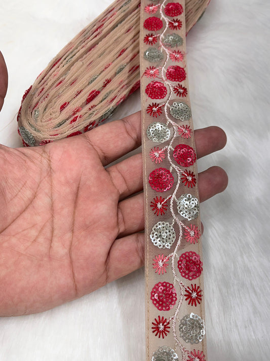 Sequence Work Embroidered Lace Border for Sarees, Dupattas, Skirts, and Lehenga - 9 Meter | Red
