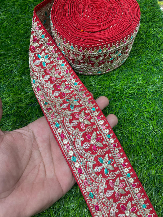 Embroidered Sari Lace Borders for Wedding Saree, Dupatta, Gowns, Lehenga – 9 Meters, 2.5-Inch Width | Red