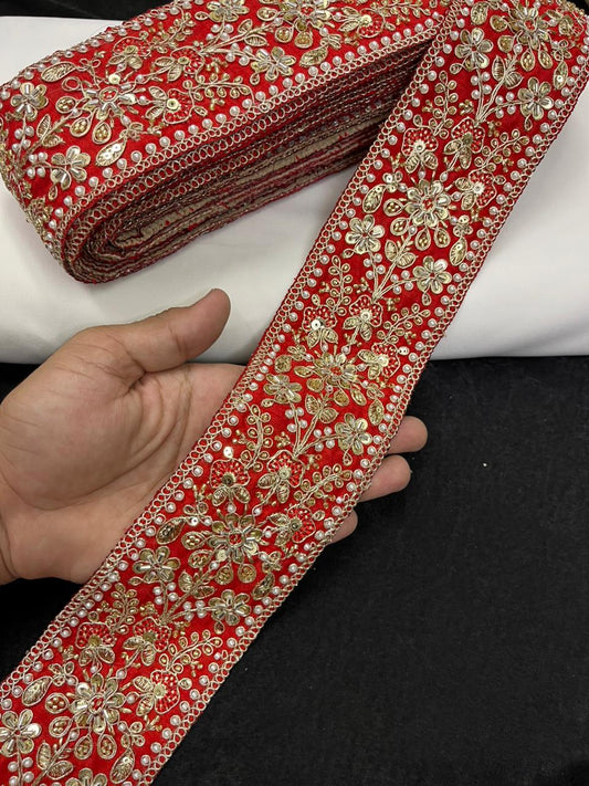 Maggam Work Lace for Sarees & Bridal Wear – Designer Embroidered Lace Border for Lehengas, Blouses & Dupattas (3 Inch) | Red