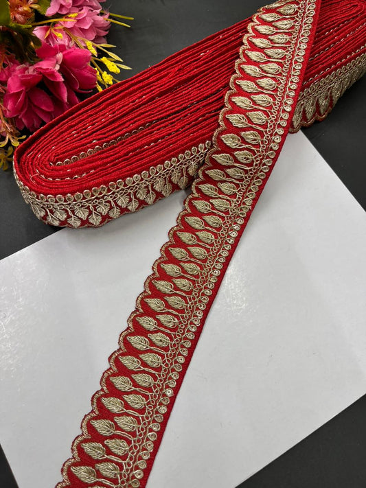 Zari Embroidered Saree Laces – Premium Designer Borders for Sarees, Lehengas & Dupattas (9 Meter, 1.5 Inch Width) | Red