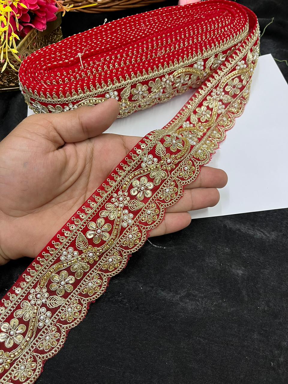 Designer Maggam Work Saree Border on Net Fabric – Handcrafted Embroidered Lace for Sarees, Blouses & Lehengas (2 Inch) | Red