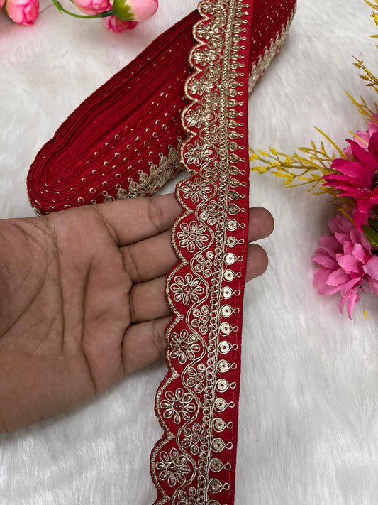 Embroidered Designer Lace – Indian Wedding Trims, Saree Border, 1.5 Inch Wide Lace Reel (9 Mtr) | Red