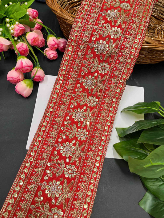 Handcrafted Exquisite Embroidered Cutdana Bridal Lehenga Border – 9 Meters, 5-Inch Maggam Work Lace | Red