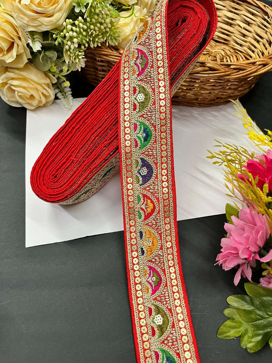 Sabyasachi Inspired Designer Saree Laces and Trims – Embroidered Border Lace (9 Meter Roll) | Red