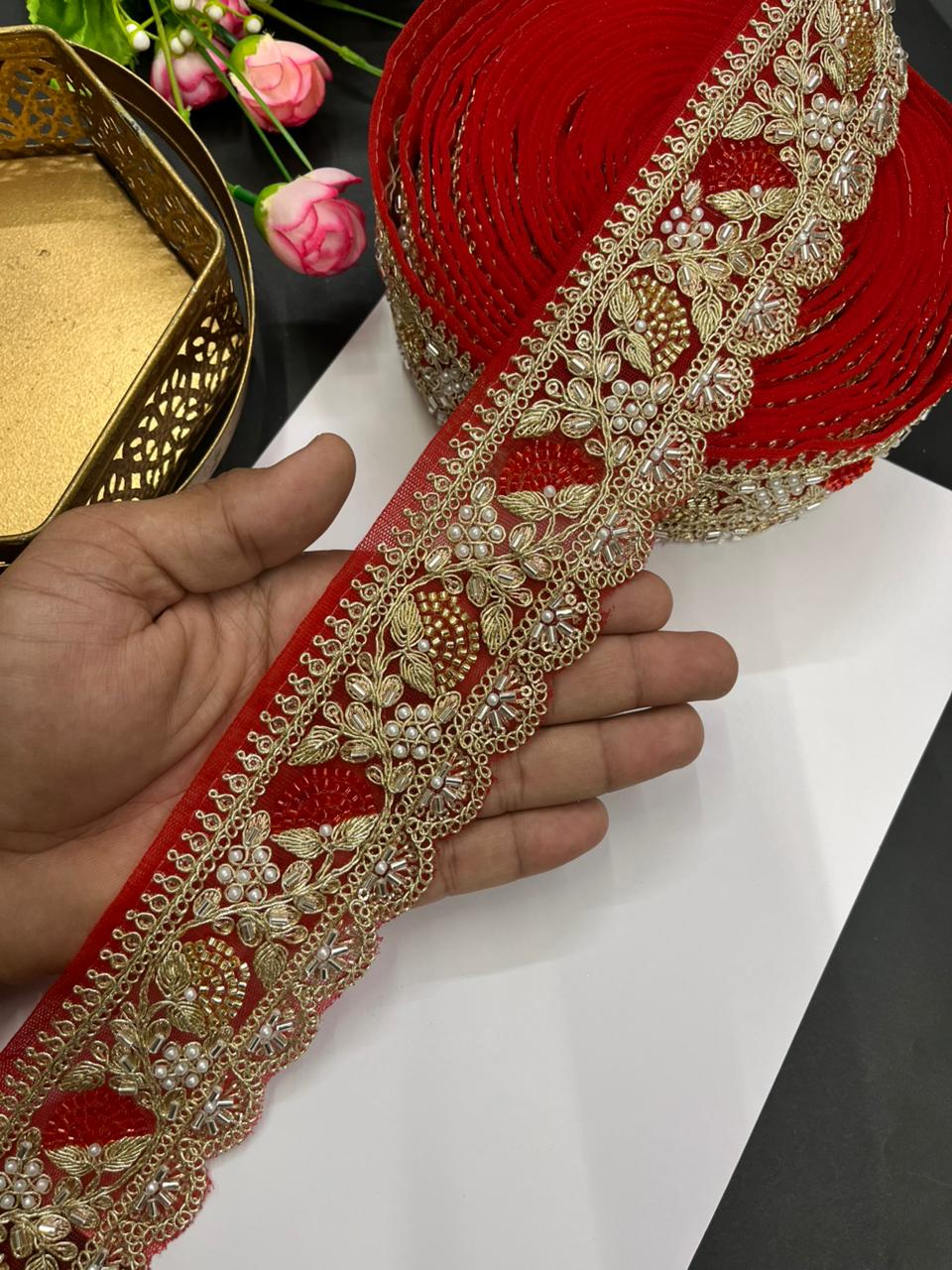 Designer Beaded Net Based Maggam Work Lace for Sarees – Premium 2 Inch Hand-Embellished Border for Lehengas & Bridal Wear (9 Meter) | Red